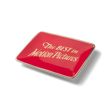 Red rectangular sign with gold text 'The BEST in Motion Pictures' on a white background. Academy Awards Best Picture Category Winner Ceramic Trinket Tray Dish